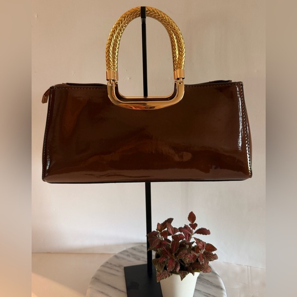 NWOT Elegant Evening Satchel Crossbody Bag Glossy Brown Zipper PU Leather Dusty - Picture 12 of 15